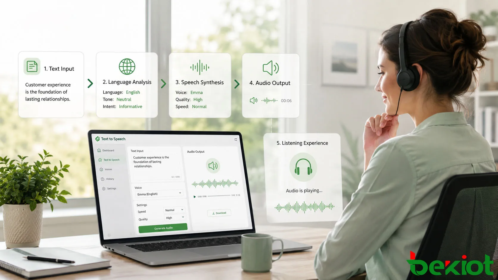 Text-to-Speech-Prozess mit Texteingabe, Sprachanalyse, Sprachsynthese, Audioausgabe und Hörerlebnis