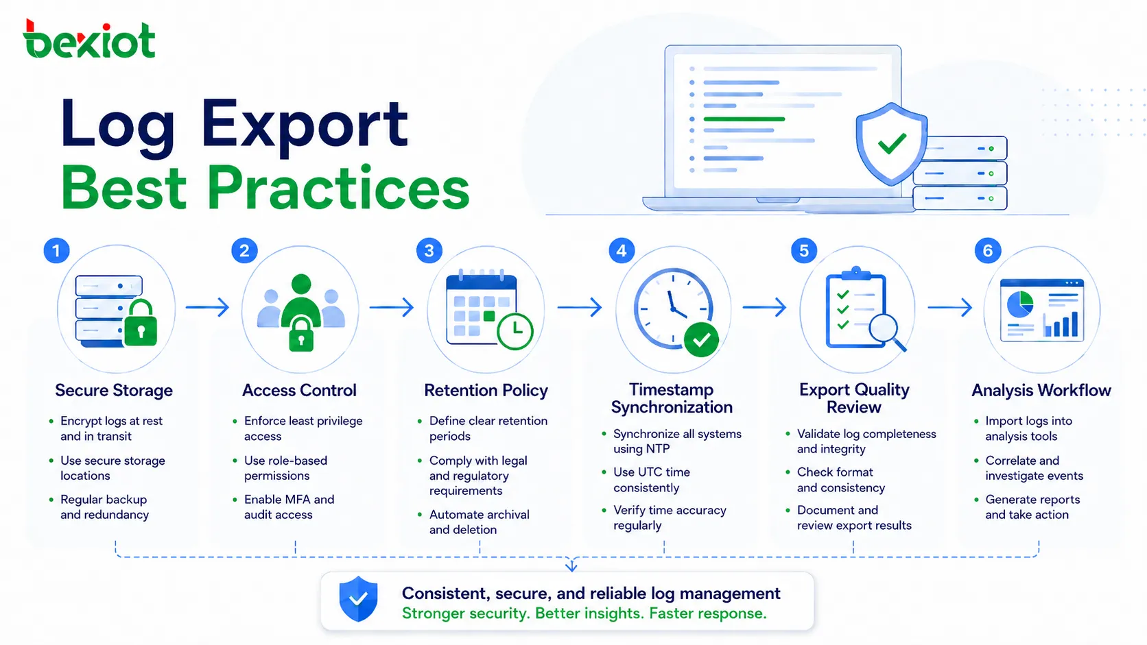 Best Practices für Log-Export mit sicherer Speicherung, Zugriffskontrolle, Aufbewahrungsrichtlinie, Zeitstempelsynchronisation und Analyseablauf