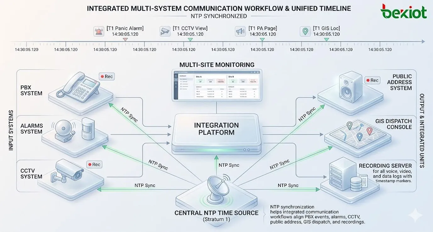 NTP-Synchronisation in vernetzten Kommunikationsabläufen mit PBX-Ereignissen, Alarmen, Videoüberwachung, Durchsagen, GIS-Leitstand, Aufzeichnungen und standortübergreifender Überwachung