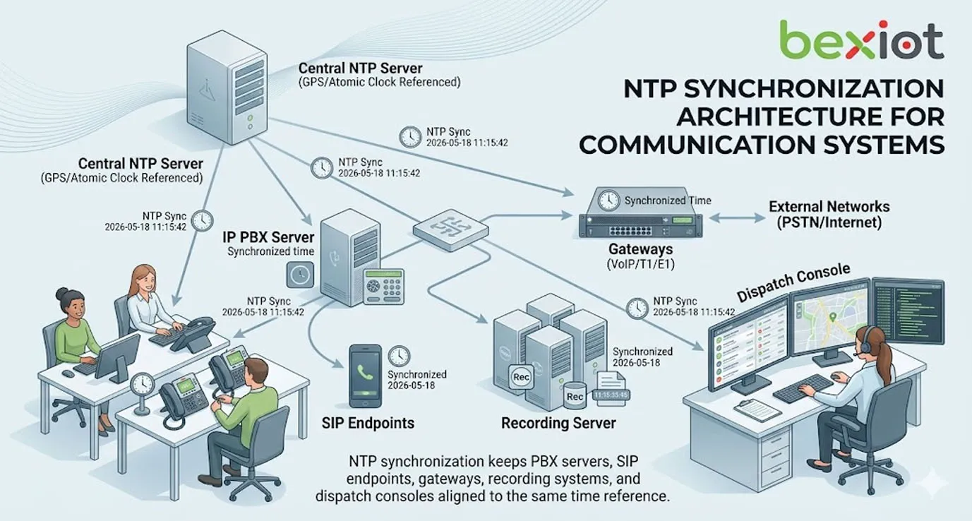 NTP-Synchronisation für Aufnahmewiedergabe mit Sprachaufzeichnungen, Videoclips, Alarmprotokollen und zeitlich abgestimmter Leitstandsablauf