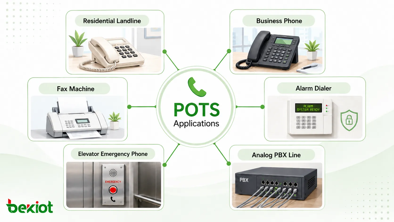 Anwendungsbereiche von POTS: Private Festnetzanschlüsse, gewerbliche Telefone, Faxgeräte, Alarmwählgeräte, Aufzugstelefone und analoge PBX-Leitungen