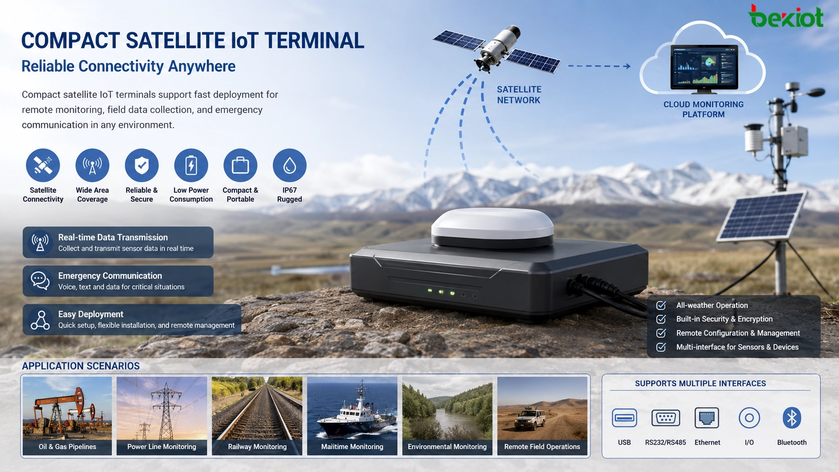 Kompaktes Satelliten-IoT-Terminal in entfernter Feldumgebung für Sensordaten und Notfallkommunikation