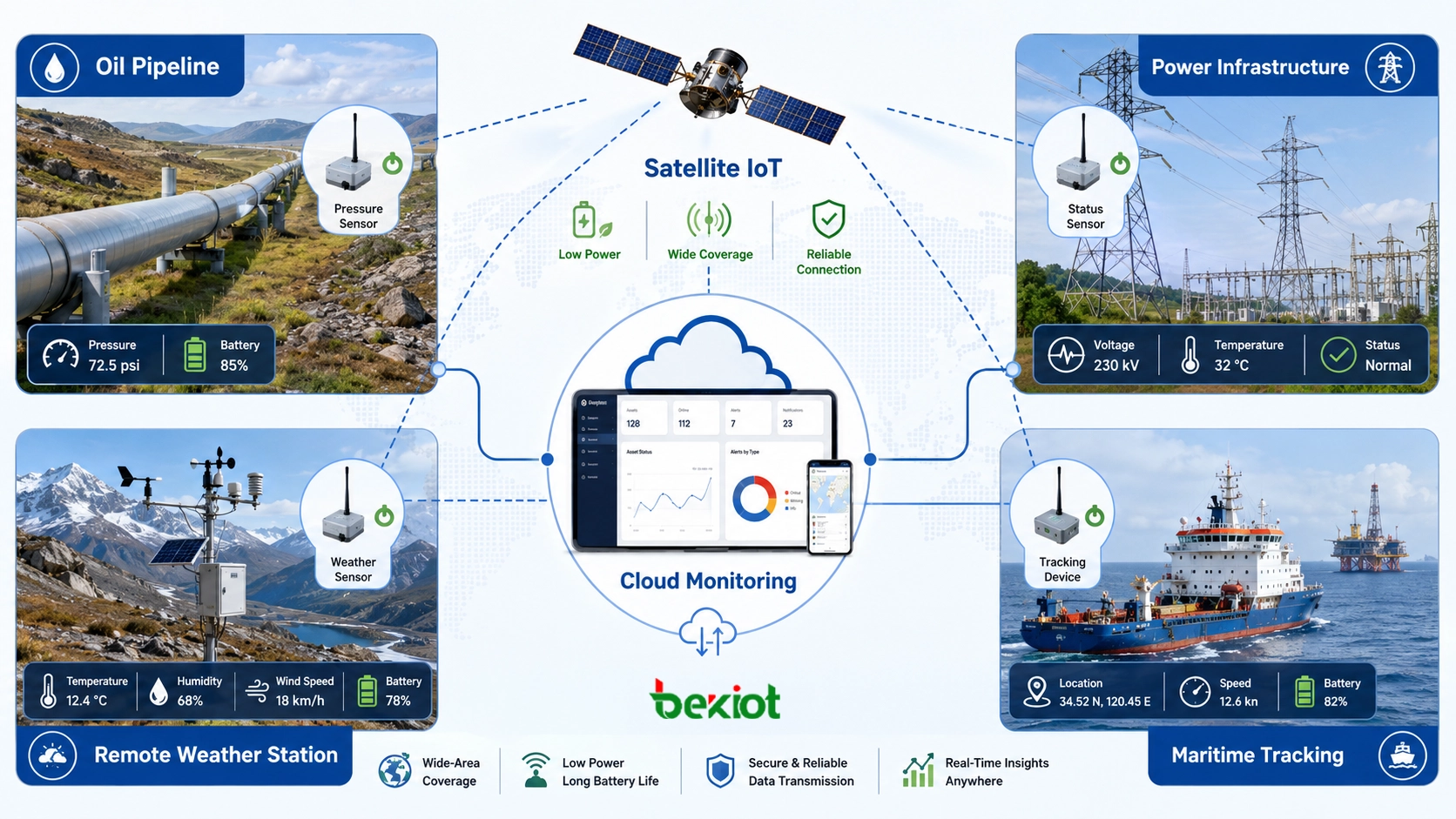 Stromsparende Satelliten-IoT-Geräte überwachen Pipelinedruck, Strommasten, Wetterstation und maritime Assets