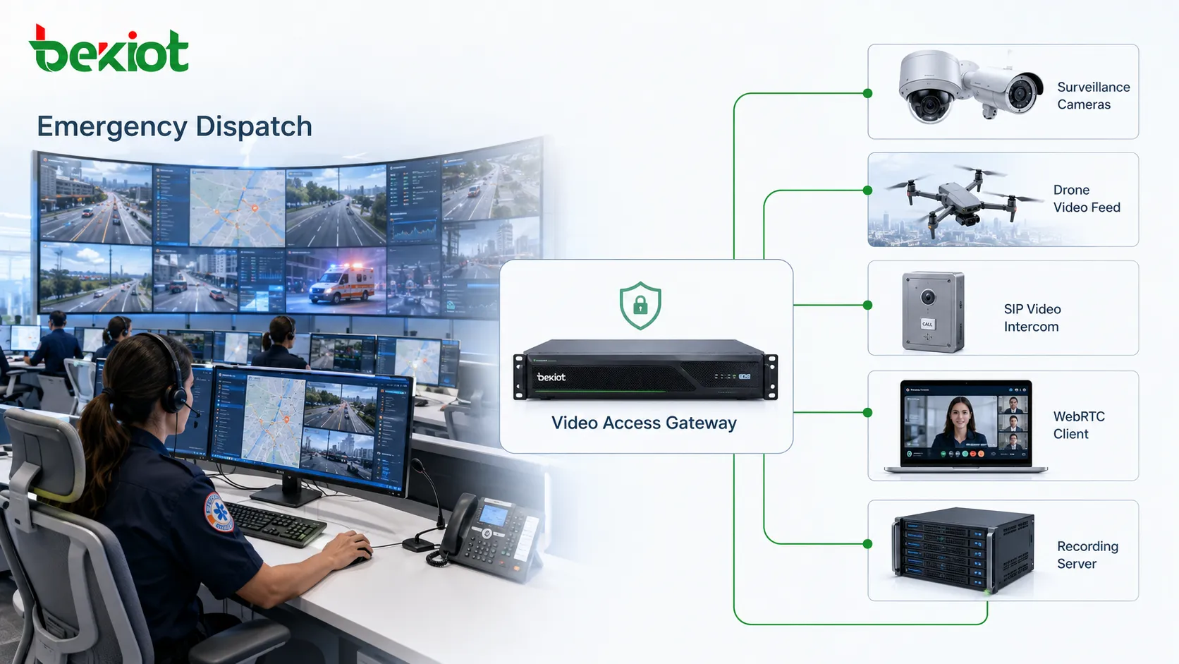 Notfall-Dispositionsplattform verbindet Kameras, Drohnenvideo, SIP-Video-Gegensprechanlage, WebRTC-Client und Aufzeichnung