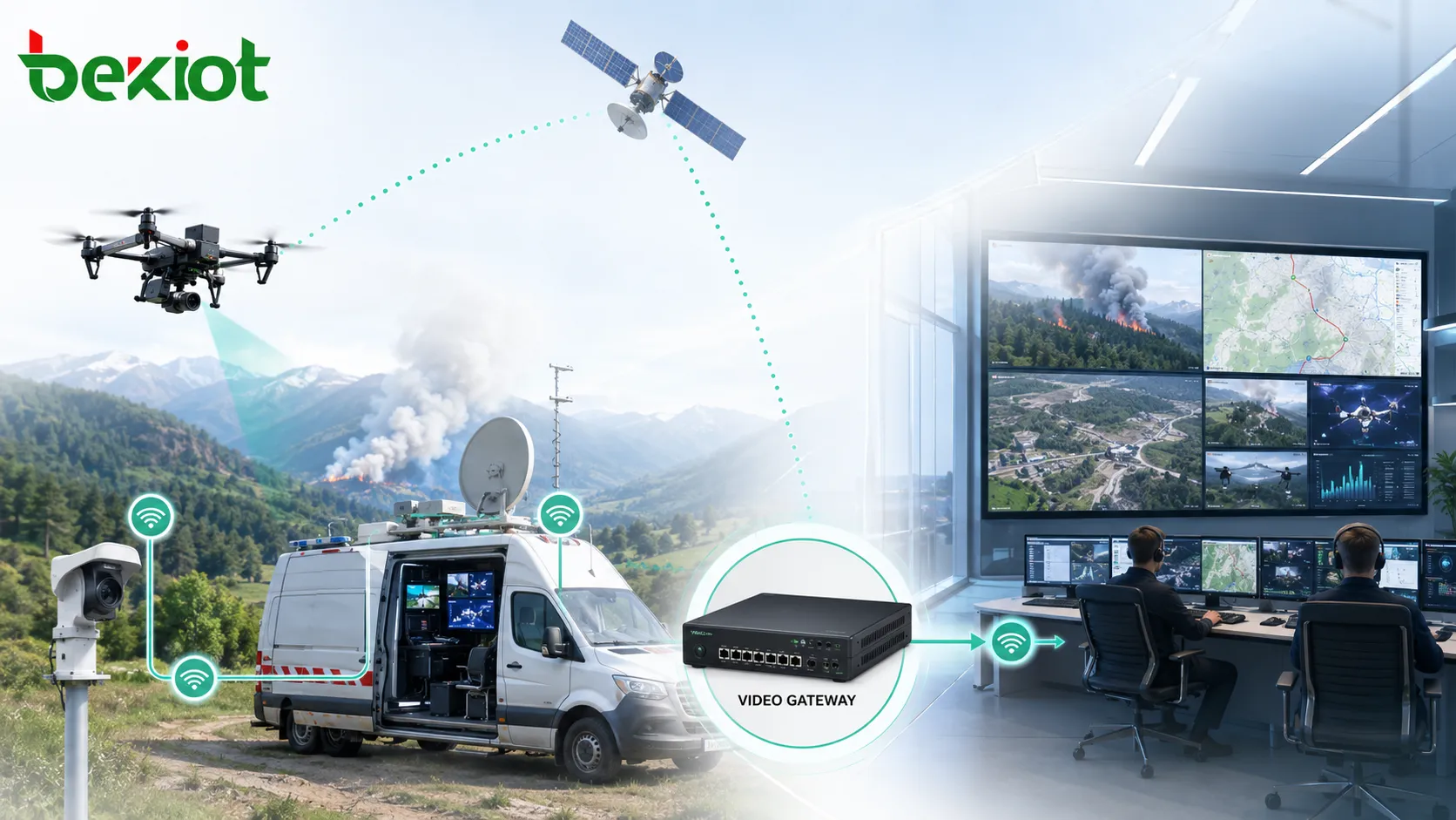 Breitband-Satellitenkommunikationsverbindung, die Drohnenvideo, Feldkameras, Einsatzfahrzeug und entferntes Kommandozentrum über ein Videogateway verbindet