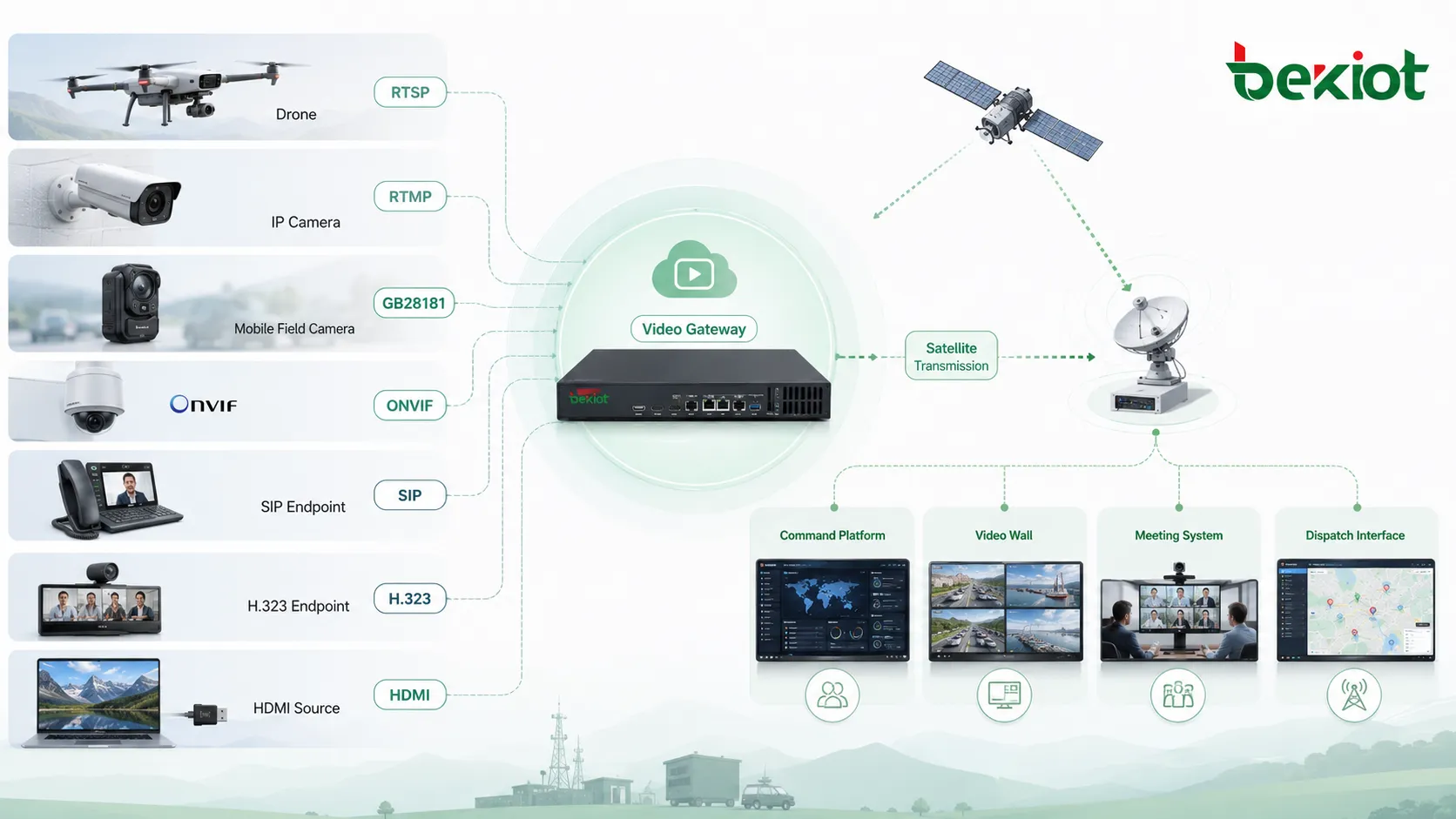 Videogateway-Architektur verbindet Drohnen-, RTSP-, RTMP-, GB28181-, ONVIF-, SIP-, H.323-, HDMI-Videoquellen mit Satellitenübertragung und Kommandoplattform