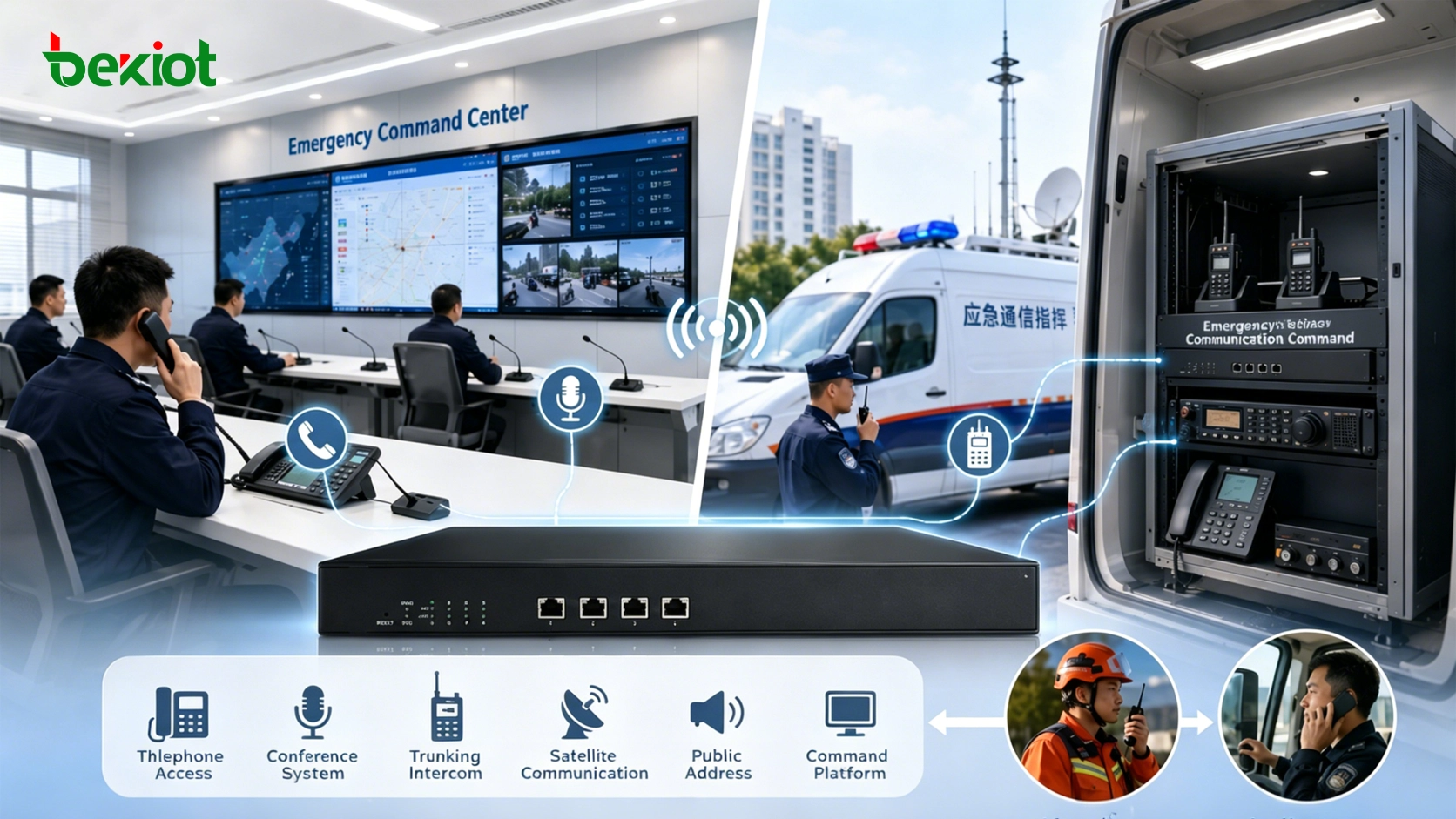 Audio-Gateway für Besprechungsraum-Kommandoumgebung installiert in Notfallleitstelle und mobilem Einsatzleitfahrzeug mit Telefon- und Funkkommunikation