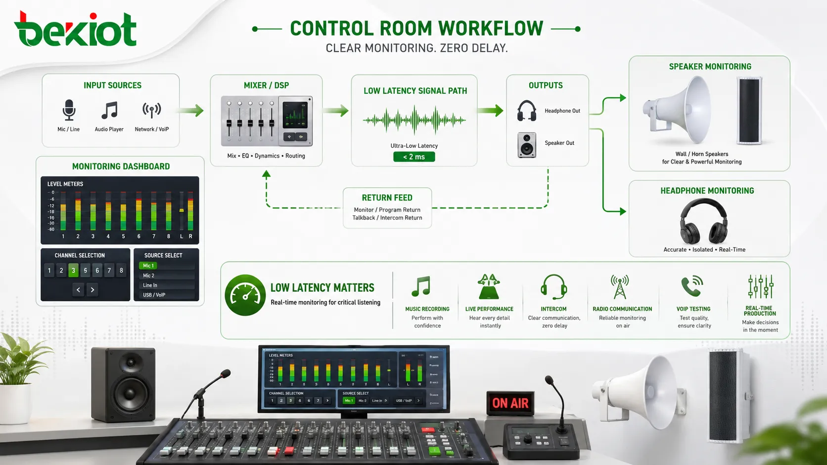 Audiomonitoring-Funktionen mit Kopfhörer-Monitoring, Lautsprecher-Monitoring, Aussteuerungsmessern, Kanalauswahl, niedriger Latenz und Regieraum-Audio-Workflow