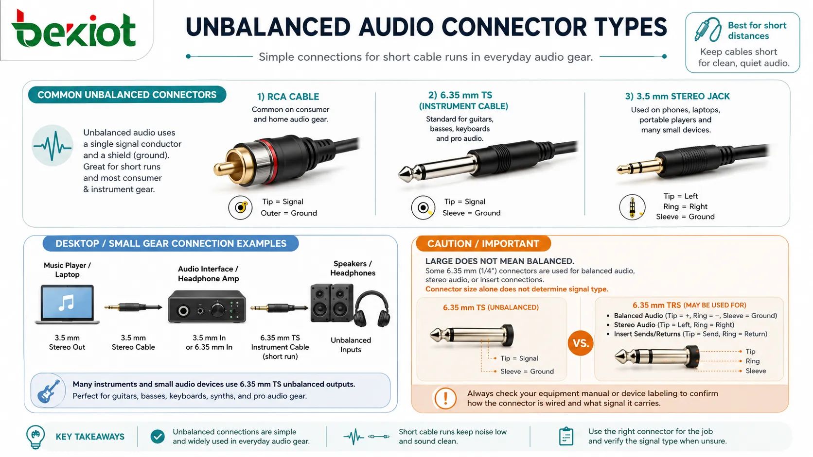 Steckertypen für unsymmetrisches Audio mit RCA-Kabel, TS-Instrumentenkabel, 3,5-mm-Stereobuchse und kurzer Desktop-Verbindung