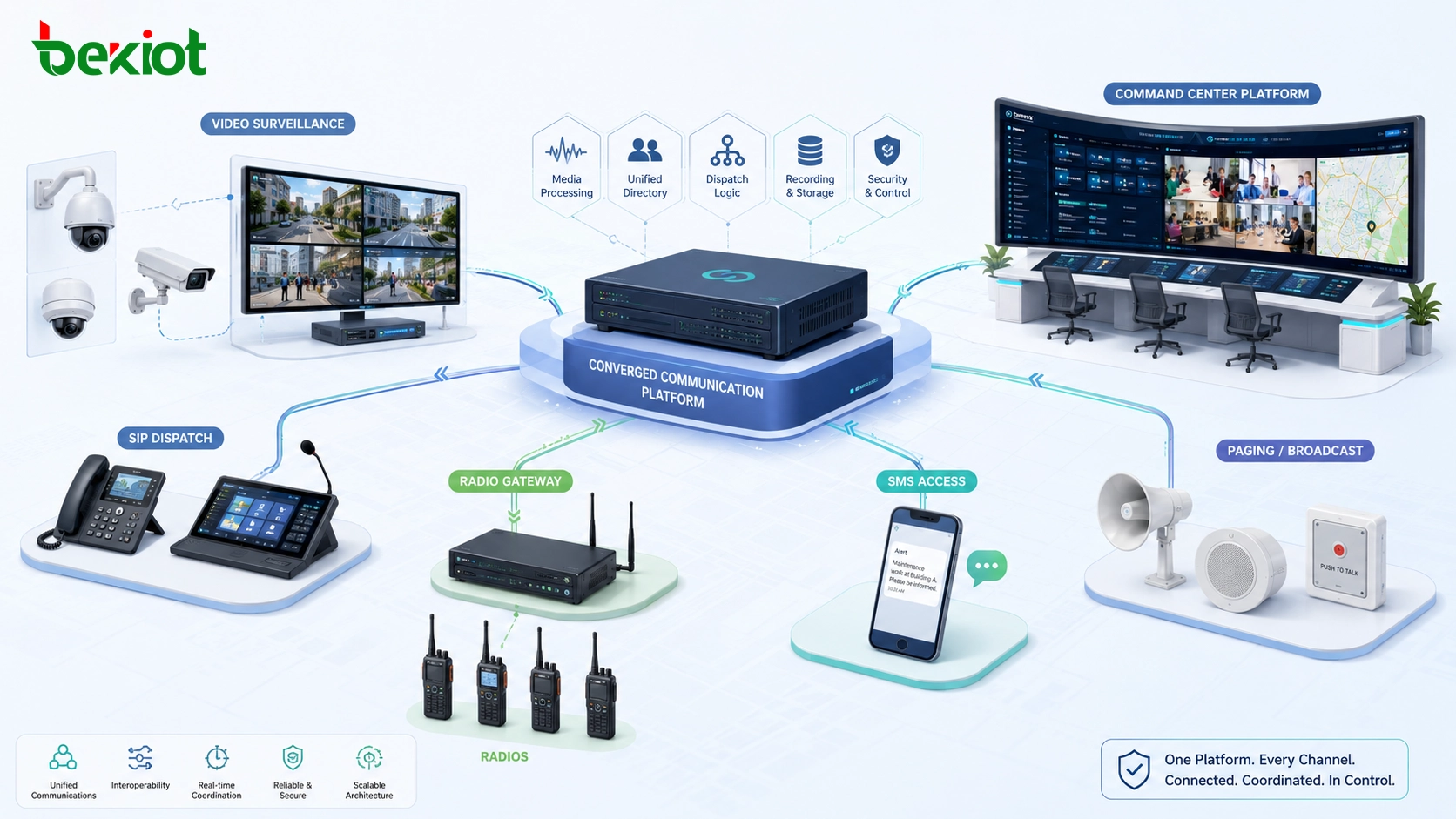 Konvergentes Kommunikationssystem, das Videoüberwachung, SIP-Einsatz, Funk-Gateway, SMS-Zugang, Paging und Kommandozentralenplattform integriert