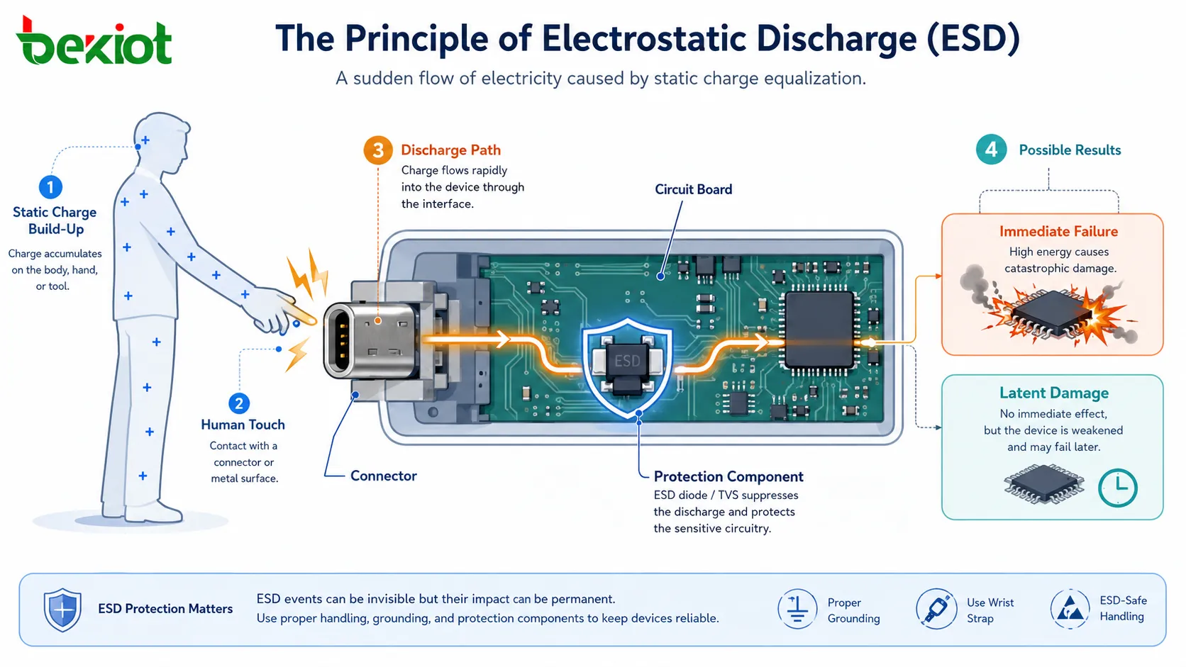 Prinzip der elektrostatischen Entladung ESD mit Ladungsaufbau, Entladepfad über Berührung, Leiterplatte, Steckverbinder und Schutzkomponente