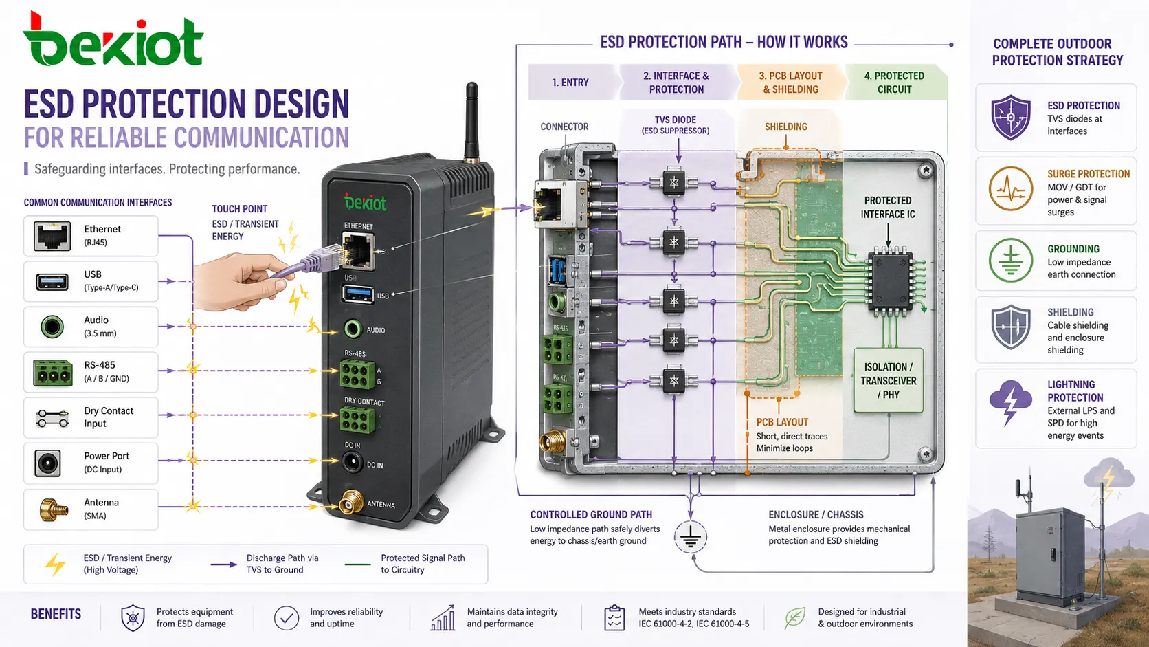 ESD-Schutzdesign mit TVS-Diode, Steckerschirmung, Leiterplattenlayout, Massepfad, Gehäuse, Berührpunkt und geschützter Kommunikationsschnittstelle