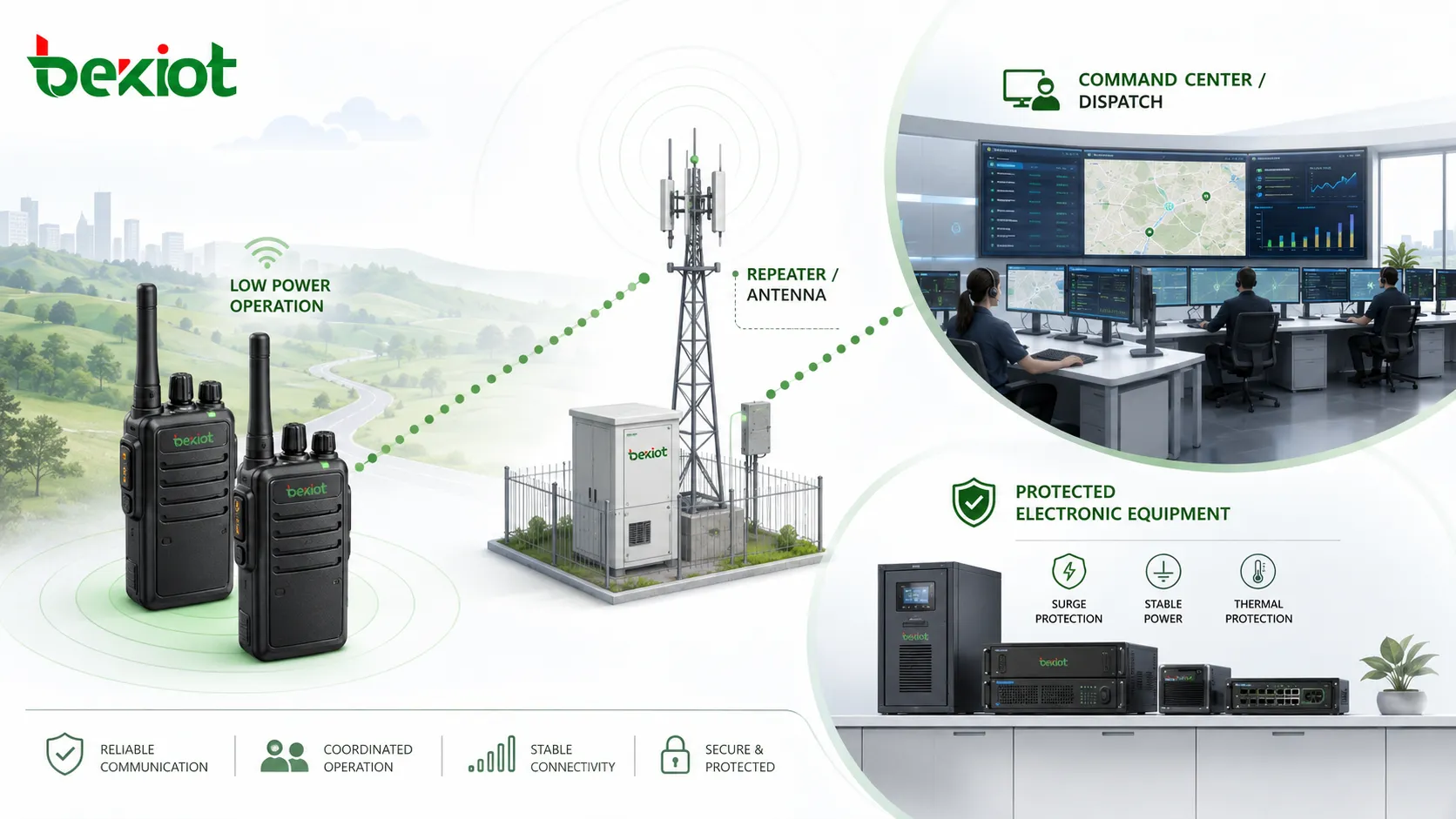 Professionelles Funkdispositionssystem mit Walkie-Talkies Niedrigleistungsbetrieb Repeater Antenne Leitstelle und geschützter elektronischer Ausrüstung