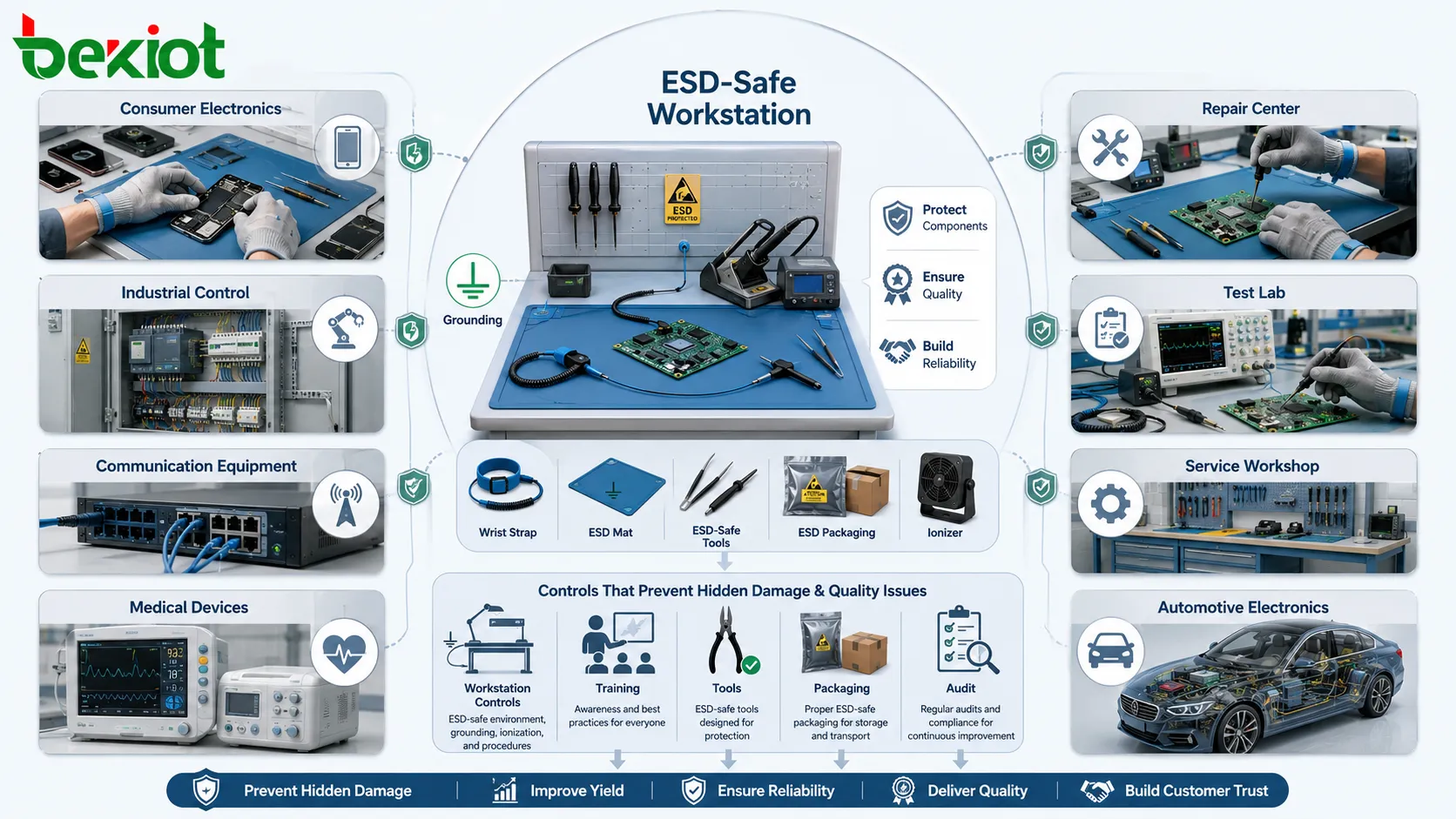 ESD-Schutzanwendungen in Unterhaltungselektronik, Industrieautomation, Kommunikationstechnik, Medizingeräten, Automobilsystemen und Fertigungsarbeitsplätzen