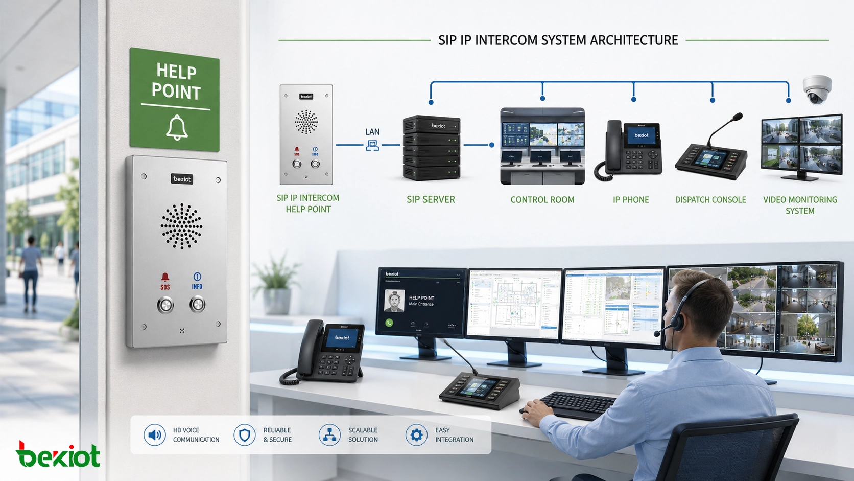 SIP-IP-Sprechanlagen-Hilfepunkt mit festem Rufterminal, SIP-Server, Leitstelle, IP-Telefon, Dispatch-Konsole und Videoüberwachungssystem