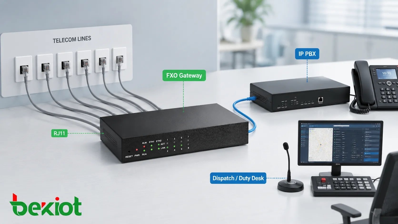 Analoges FXO-Gateway mit mehreren RJ11-Telefonleitungen für externe Anrufe einer kleinen Büro-IP-PBX und eines Dispatch-Systems