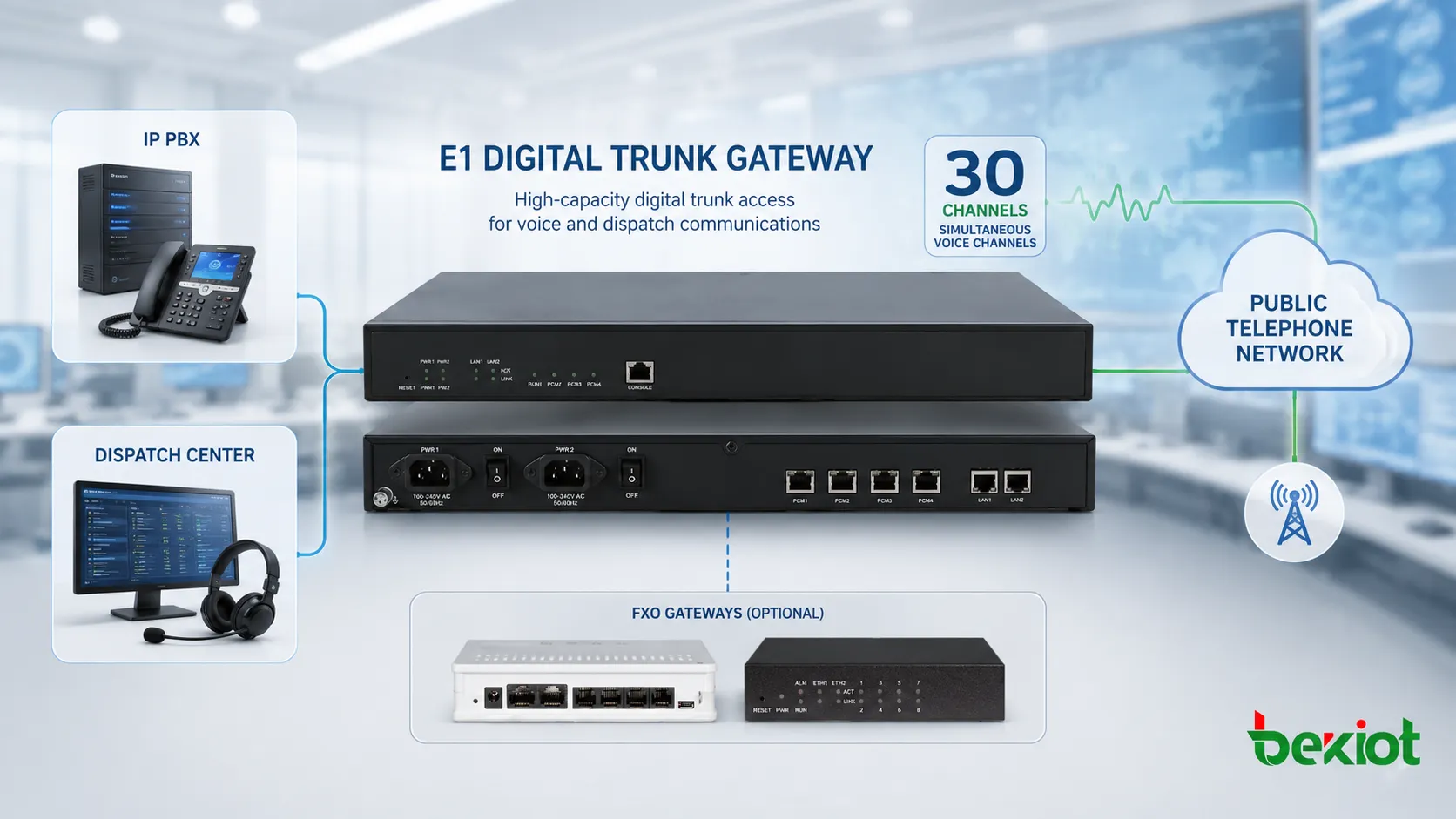 Digitales E1-Trunk-Gateway verbindet IP-PBX, Dispatch-Zentrum und öffentliches Telefonnetz mit 30 gleichzeitigen Sprachkanälen