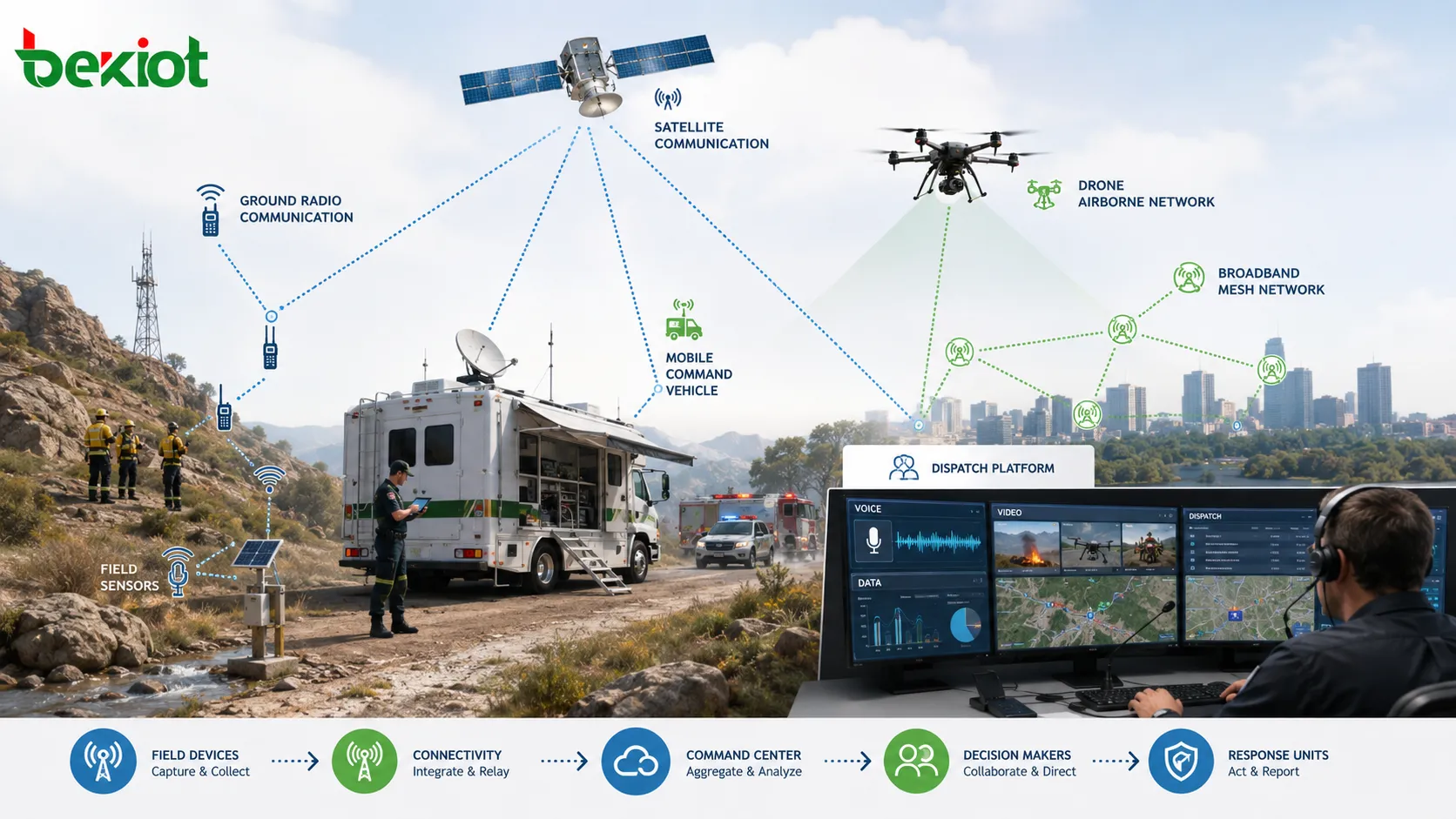 Notfall-Führungssystem mit Satellitenkommunikation Drohnen-Luftnetz Bodenfunk Breitband-Mesh Führungsfahrzeug Sensoren und Leitstellenplattform