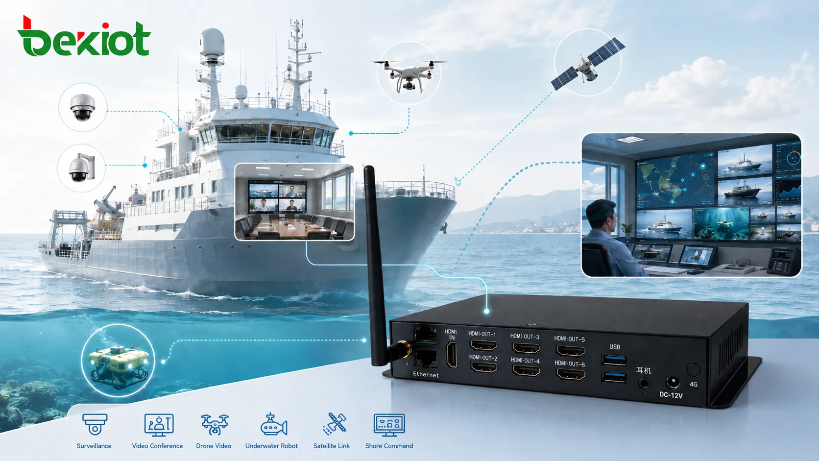 Leichtgewichtige Satelliten-Videoübertragung vom Schiff zur landseitigen Leitstelle mit Drohnenkamera 1080P Video etwa 200K Bitrate und stabiler Überwachung
