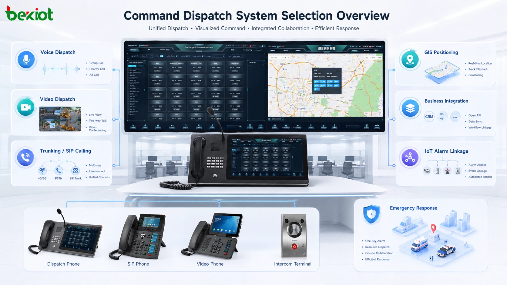 Übersicht zur Auswahl eines Einsatzleit- und Dispatch-Systems mit Sprachdispatch, Videodispatch, Bündelfunk, GIS, Geschäftsintegration, IoT-Alarmkopplung und Notfallreaktionszentrum