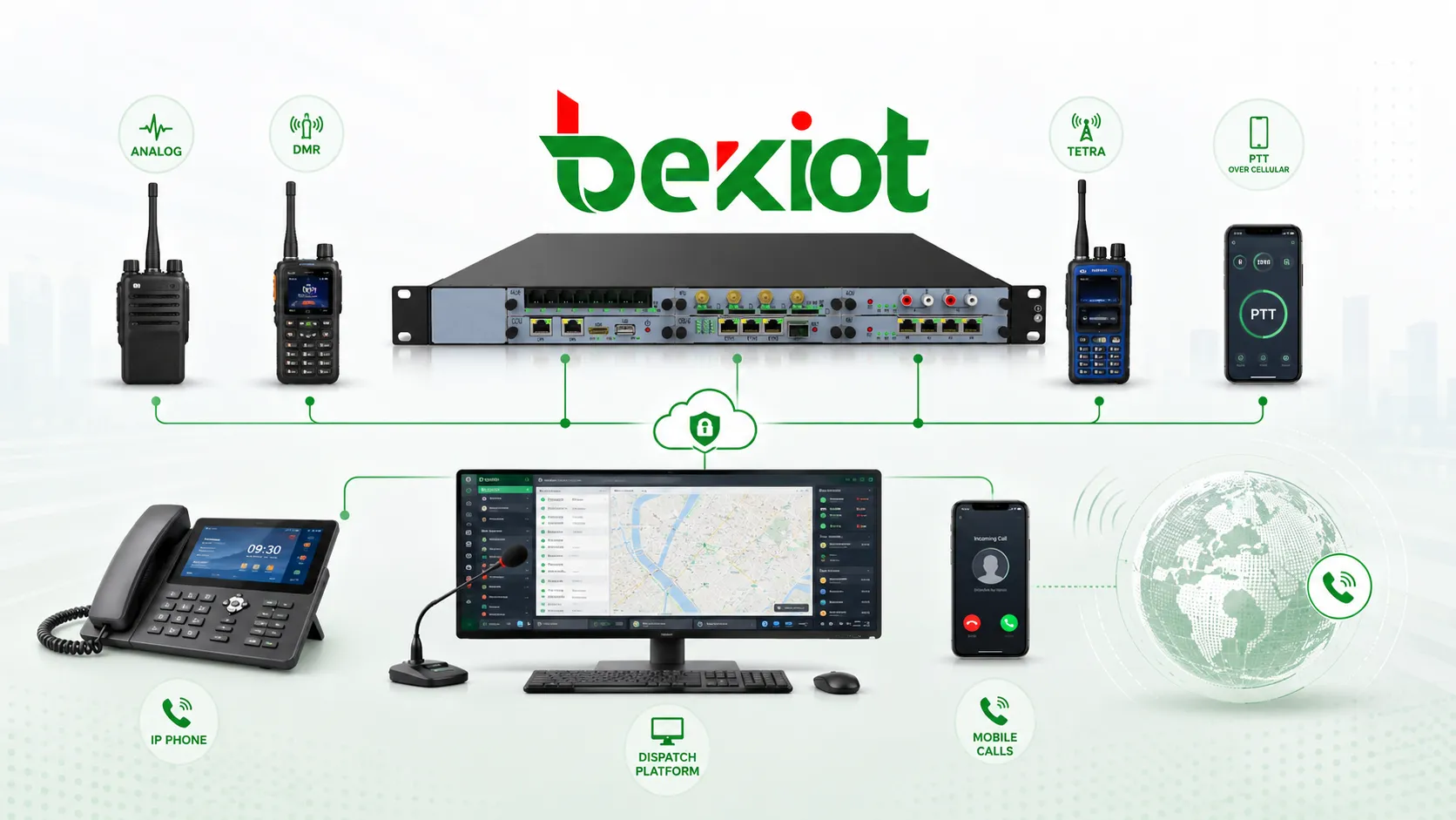 Hybride Kommunikationsinteroperabilität verbindet analoge Funkgeräte DMR TETRA öffentliches PTT Smart Terminals IP Telefone externe Mobilanrufe und Dispatch Plattform
