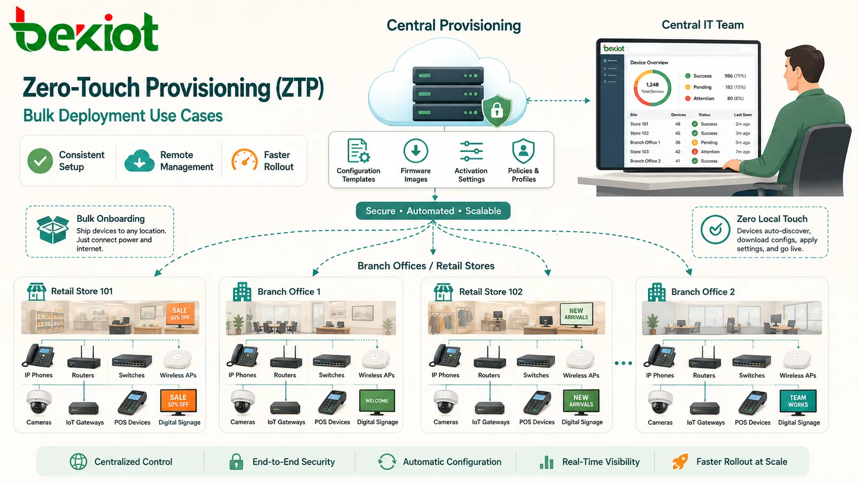 Zero-Touch Provisioning ZTP Anwendungsfälle für Massenausrollung mit IP-Telefonen Routern Switches drahtlosen Access Points Kameras IoT-Gateways und Filialgeräten