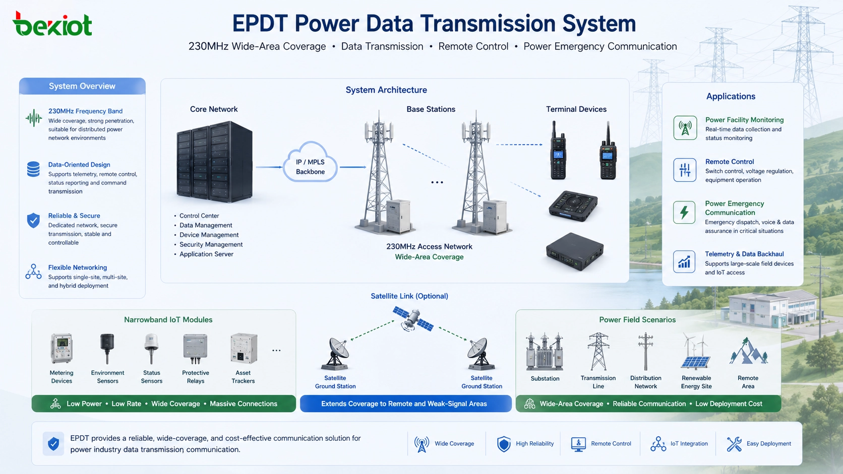 EPDT Energiedatenübertragungssystem mit 230MHz Kernnetz, Basisstationen, Terminals, Satellitenlink, Schmalband-IoT-Modulen, Fernsteuerung und Notfallkommunikation