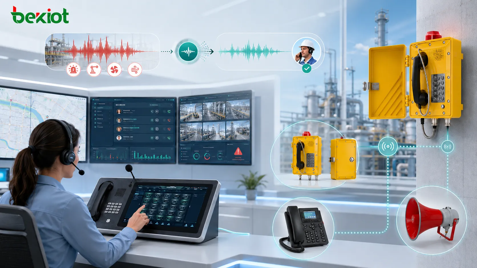 Leitstelle nutzt Rauschunterdrückung zur Verbesserung von Anrufen von Industrietelefonen Notfall-Intercoms Funk-Gateways und Außendienstmitarbeitern