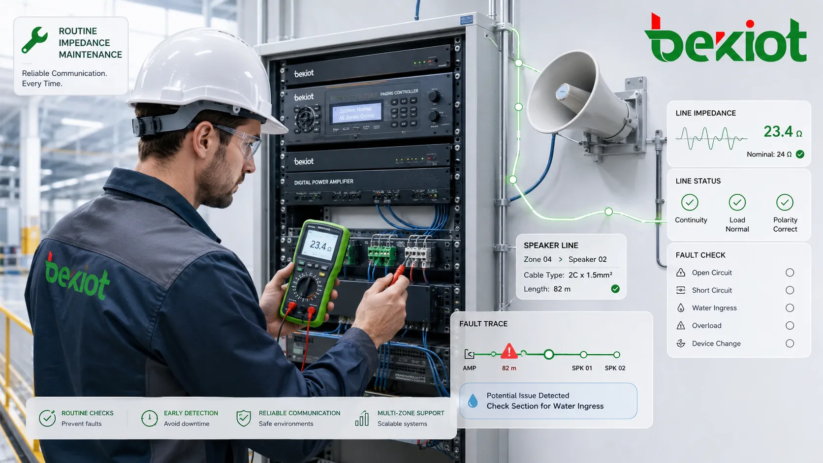 Techniker prüft Impedanz an Lautsprecherleitung Kommunikationskabel und industrieller Audioausrüstung während der Wartung