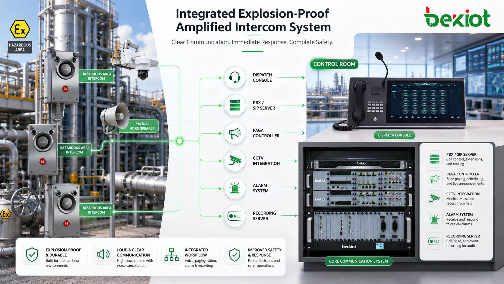Integriertes explosionsgeschütztes verstärktes Gegensprechsystem mit Gefahrenbereichsstationen Dispatch-Konsole PAGA-Controller CCTV Alarmsystem und Aufzeichnungsserver