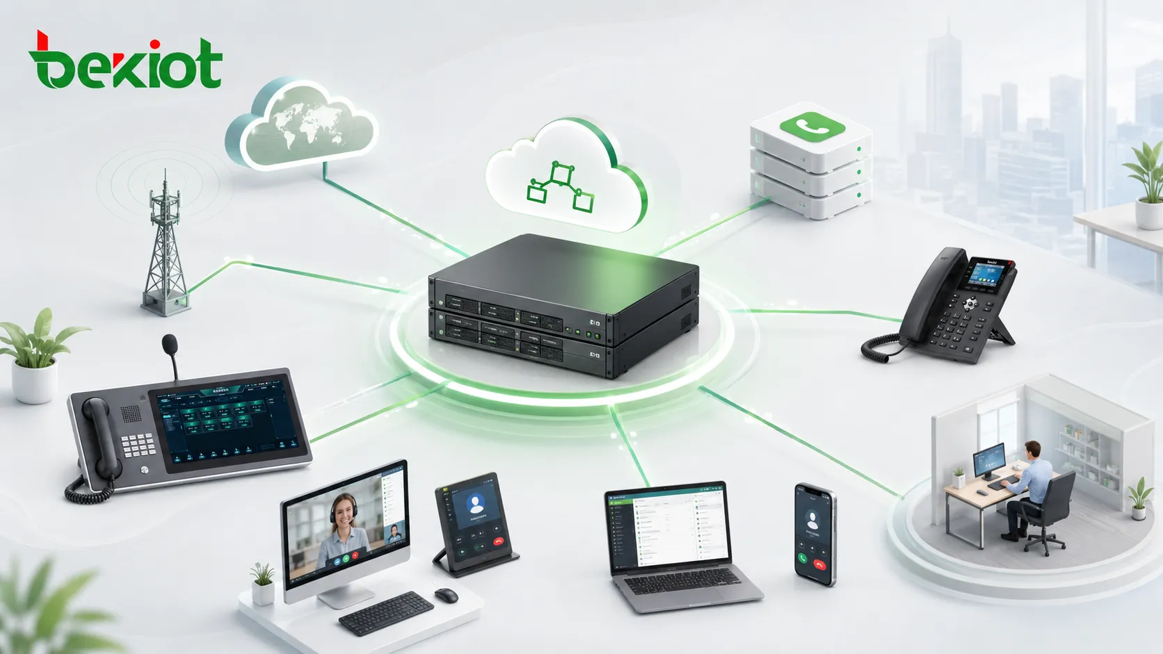 Public-Network-Intercom-Server verbunden mit SIP-Trunk IPPBX Smart-Terminals IP-Telefonen mobilen Büronutzern und externem Telefonnetz