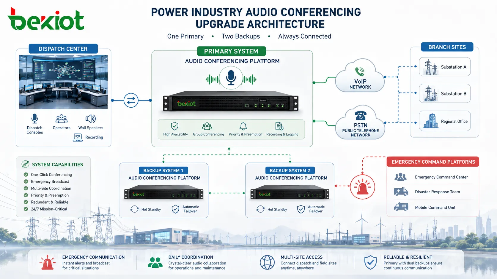 Gemischte VoIP- und PSTN-Audiokonferenzlösung für Energieversorger, die IP-Telefone, Festnetztelefone, mobile Nutzer, Konferenzräume, Telekom-Gateways und Betreiber-Trunks verbindet
