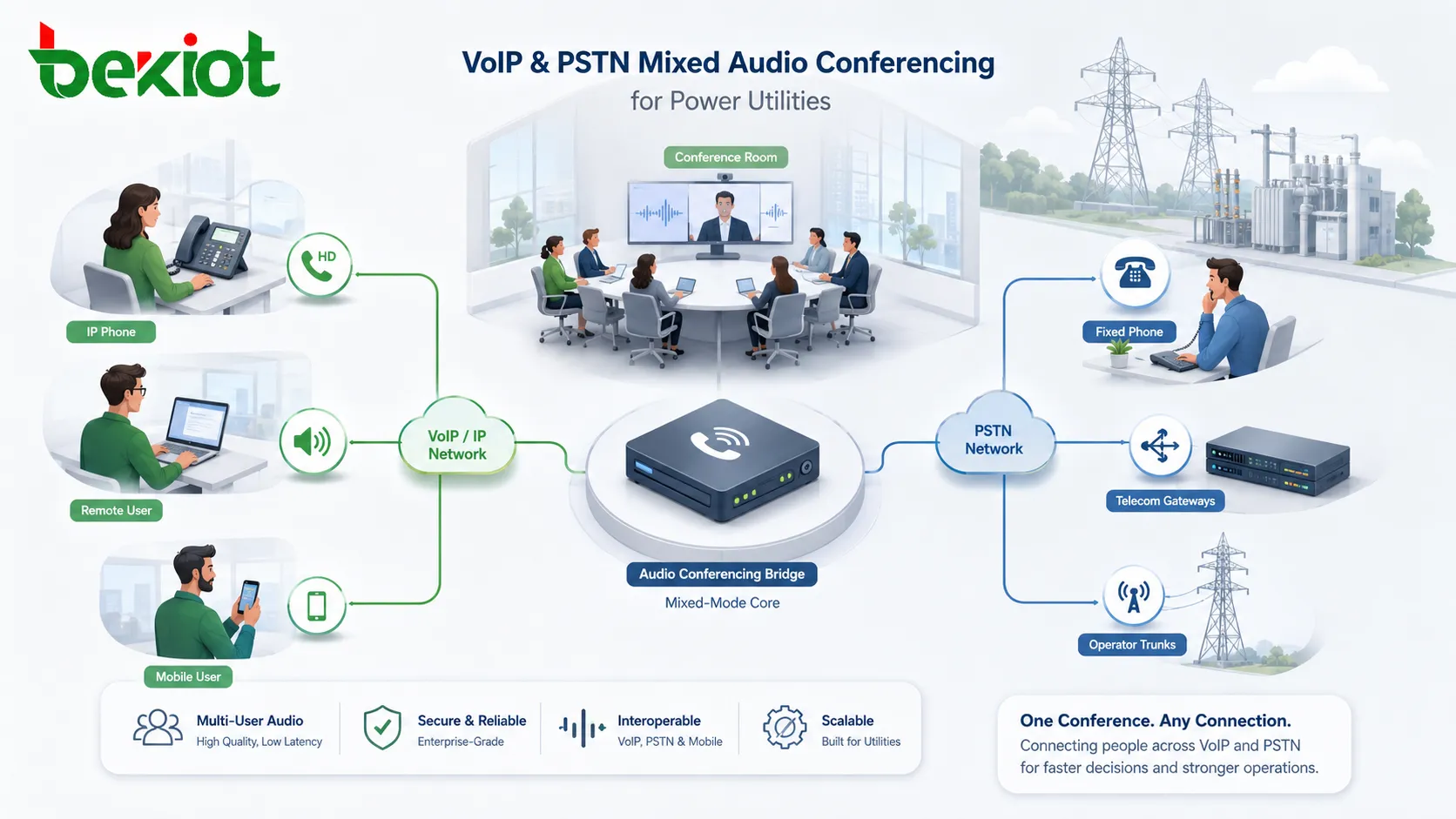 Integration von Notfall-Führungsaudiokonferenzen für die Energiewirtschaft, verbunden mit Dispatching-Zentrum, Videokonferenz-MCU, OA-Plattform, API-Steuerung, Raum-Audio-Gateway und Feldnutzern