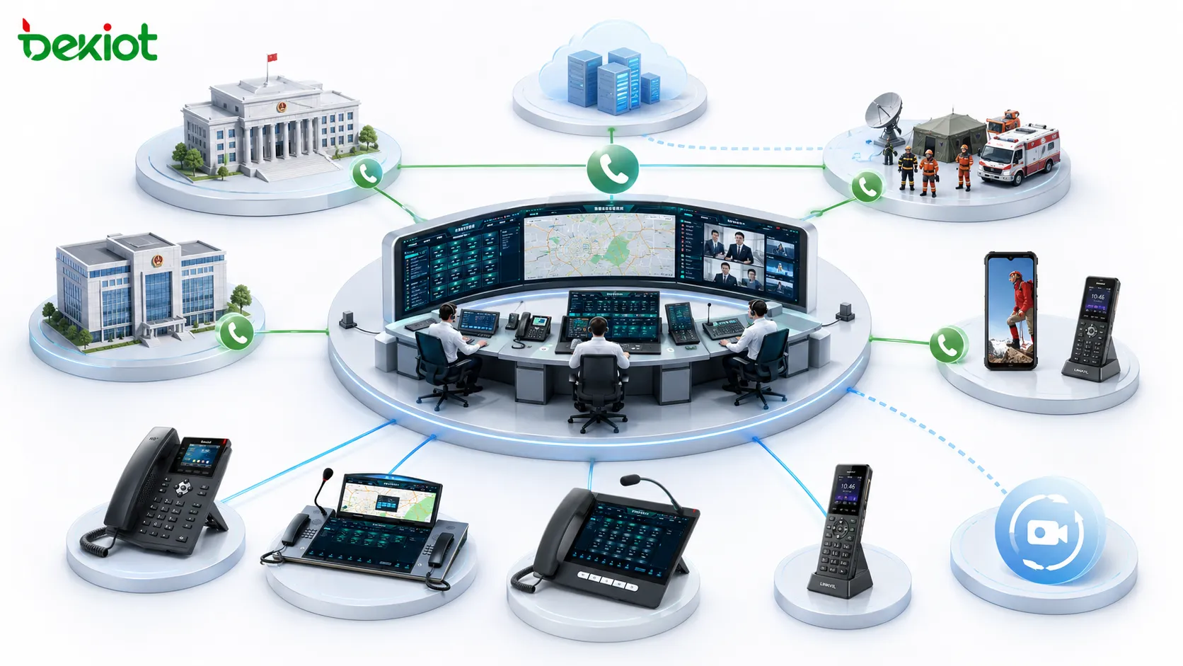 Notfall-Telefonkonferenzarchitektur verbindet Leitstelle, Regierungsabteilungen, Feldeinsatz-Rettungsteams, mobile Nutzer, VoIP, PSTN und Video-Meeting-Backup