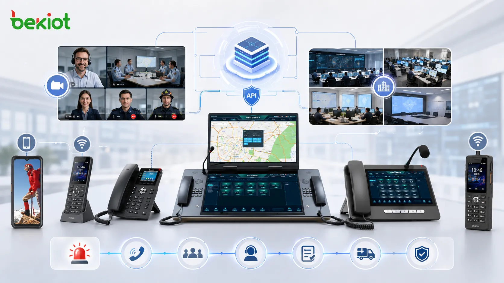 Integration von Notfallführungs-Telefonkonferenz mit API-Steuerung, Dispatch-Plattform, Videokonferenz, Feldeinsatzteams, Bereitschaftsräumen und Ereignisreaktionsablauf