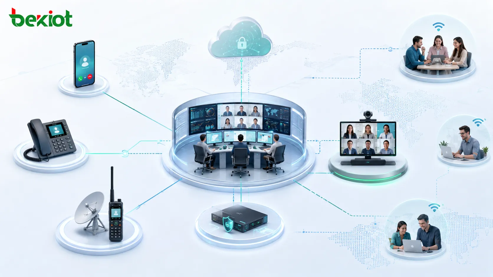 Hybride Architektur für Audiokonferenz und Videomeeting verbindet Kommandozentrale SIP-Plattform MCU-Videosystem Mobiltelefone Festnetztelefone Satellitentelefone und entfernte Teams