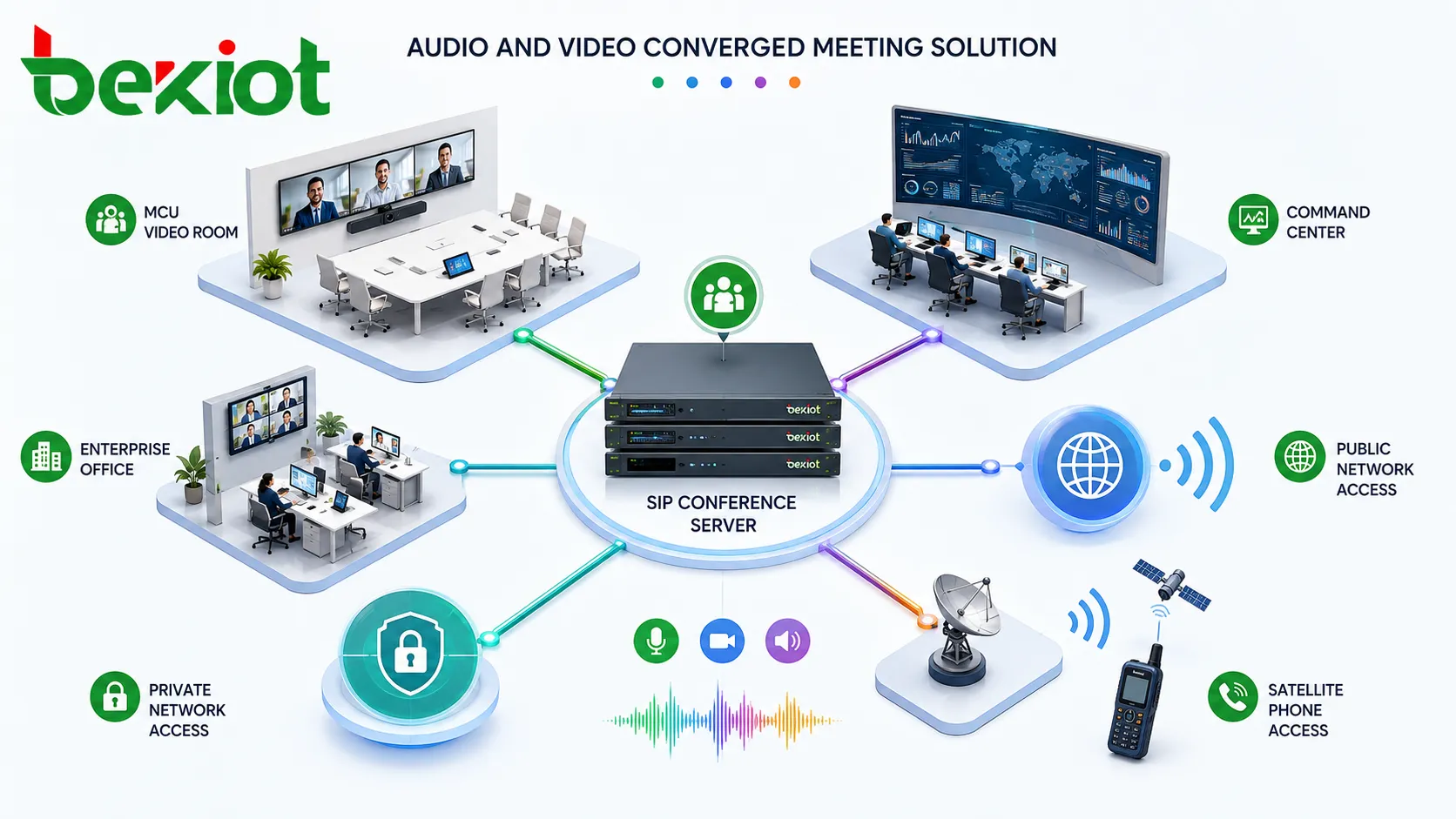 Konvergente Audio- und Videomeeting-Lösung verbindet SIP-Konferenzserver MCU-Videoraum Kommandozentrale Unternehmensbüro öffentliches Netz privates Netz und Satellitentelefonzugang