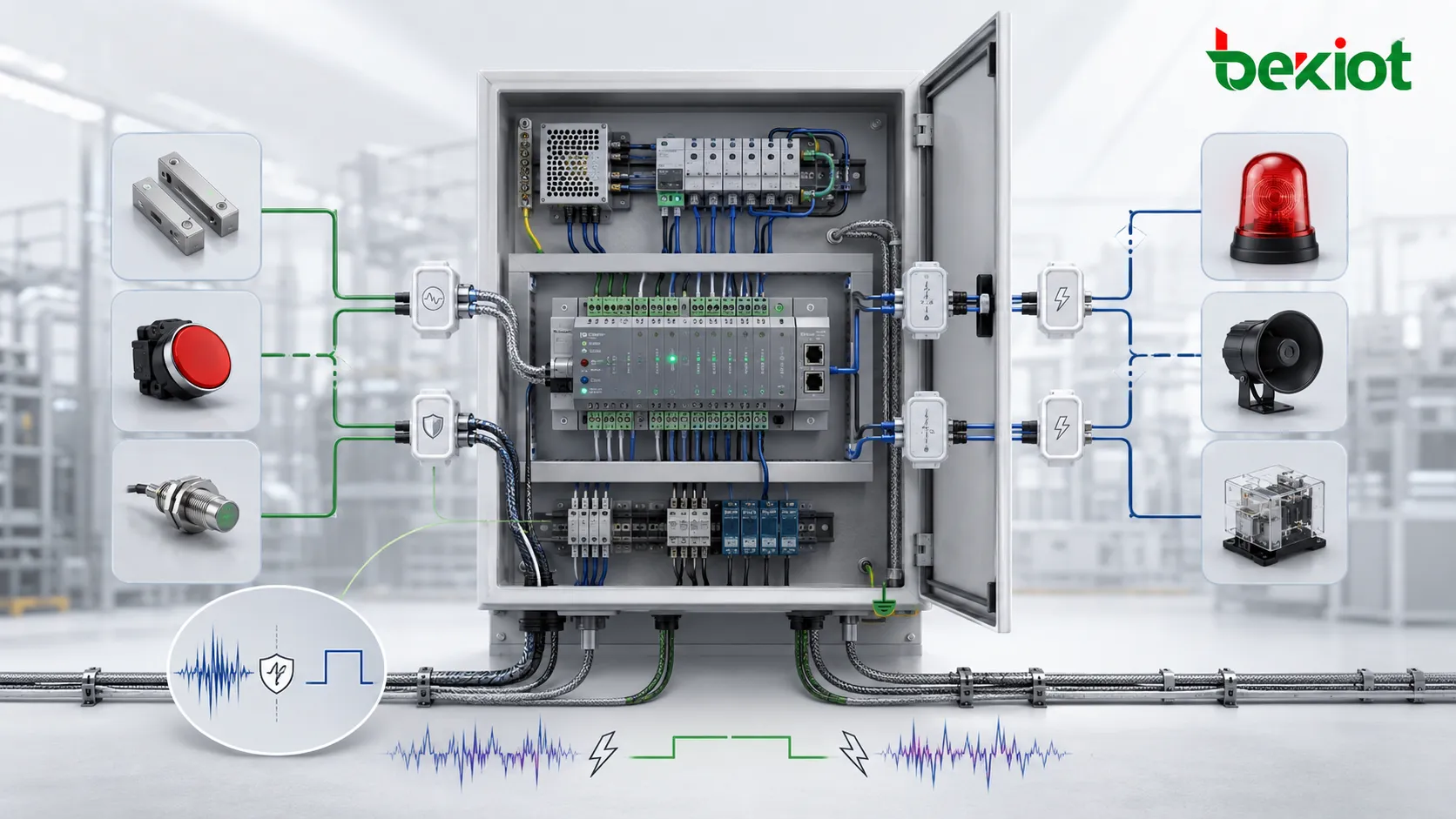 GPIO-Anwendung in Industrieanlagen mit Alarmrelais Sensorkontakt und Schaltschrankintegration