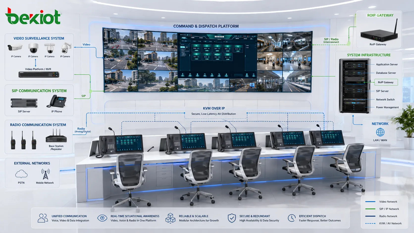 Architektur einer Kommandozentrale, die Videoüberwachung, SIP-Kommunikation, RoIP-Gateway, KVM-Arbeitsplätze und Einsatz-Workstations integriert