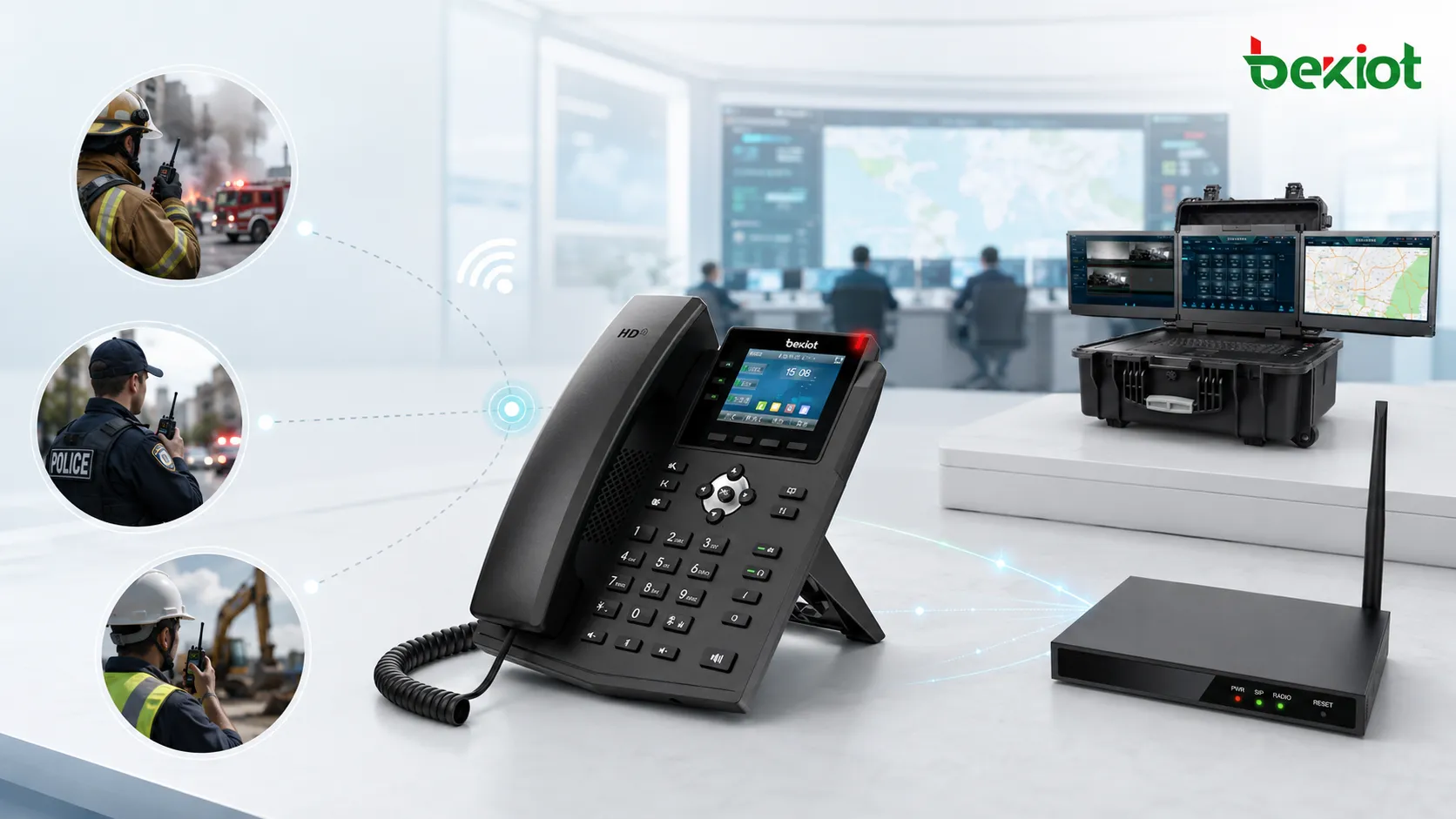 Tragbarer Notfall-Kommandokoffer mit RoIP-Gateway, Satellitentelefonzugang, IP-Telefon und Feldfunk-Interoperabilität