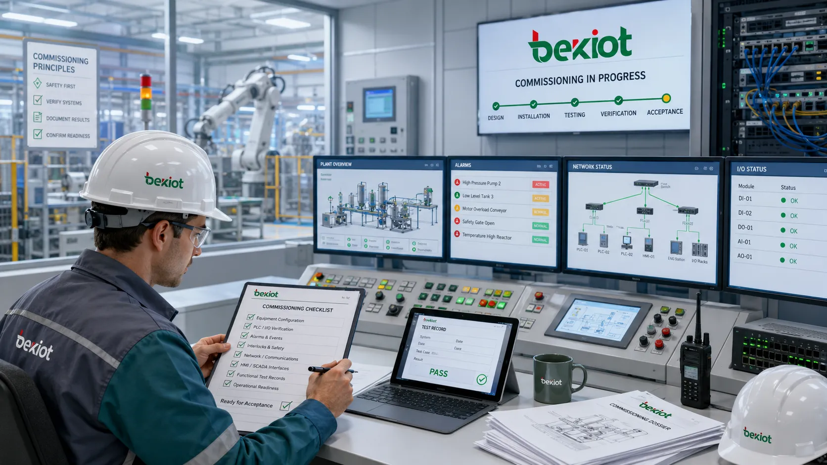 Inbetriebnahmeingenieur prüft Gerätekonfiguration Testaufzeichnungen und Betriebsbereitschaft in einem Kontrollraum