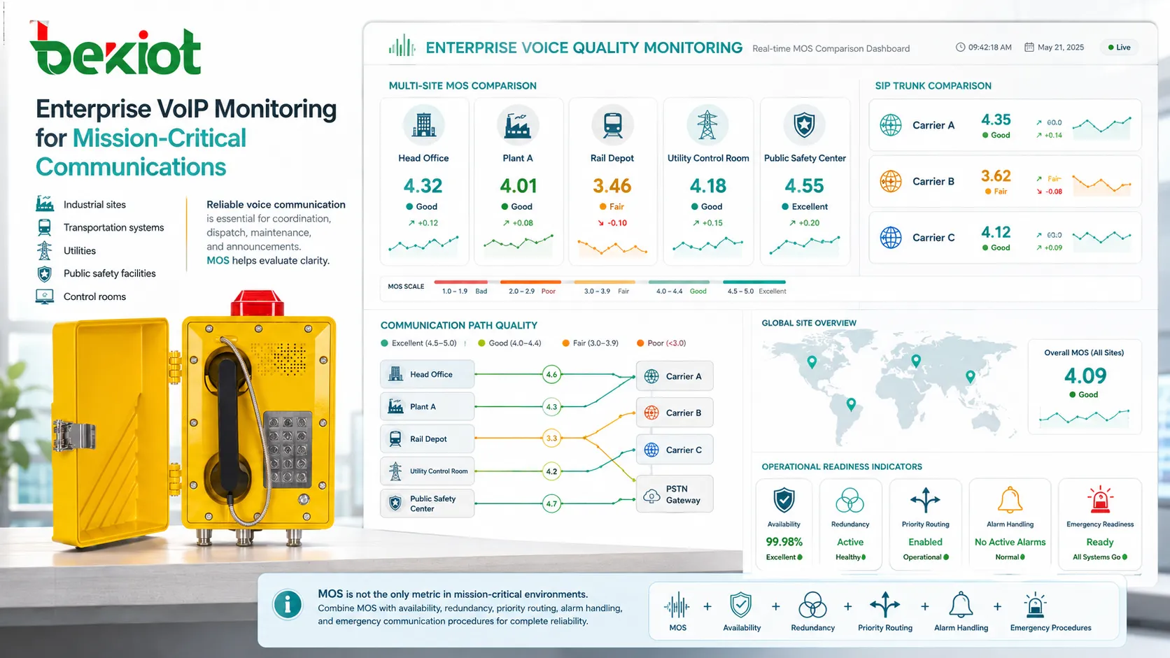 Enterprise VoIP Monitoring Plattform vergleicht MOS-Werte über Standorte und SIP-Trunks