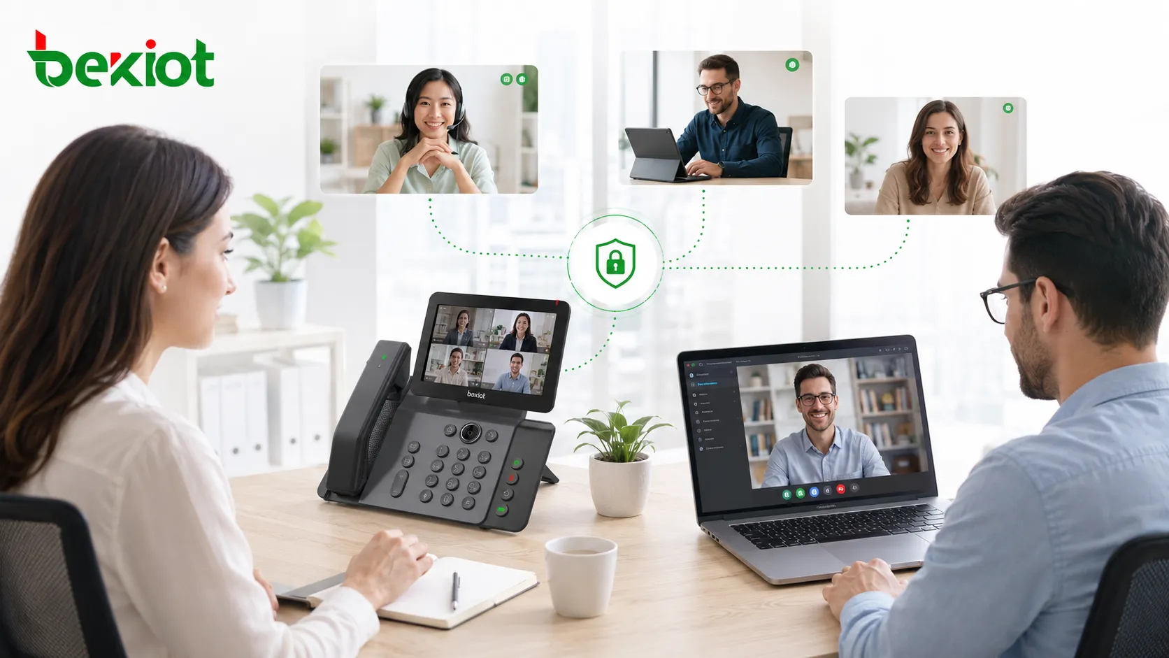 Unternehmensmitarbeiter treten sicheren Audiokonferenzen über Tischtelefone und Softphones bei