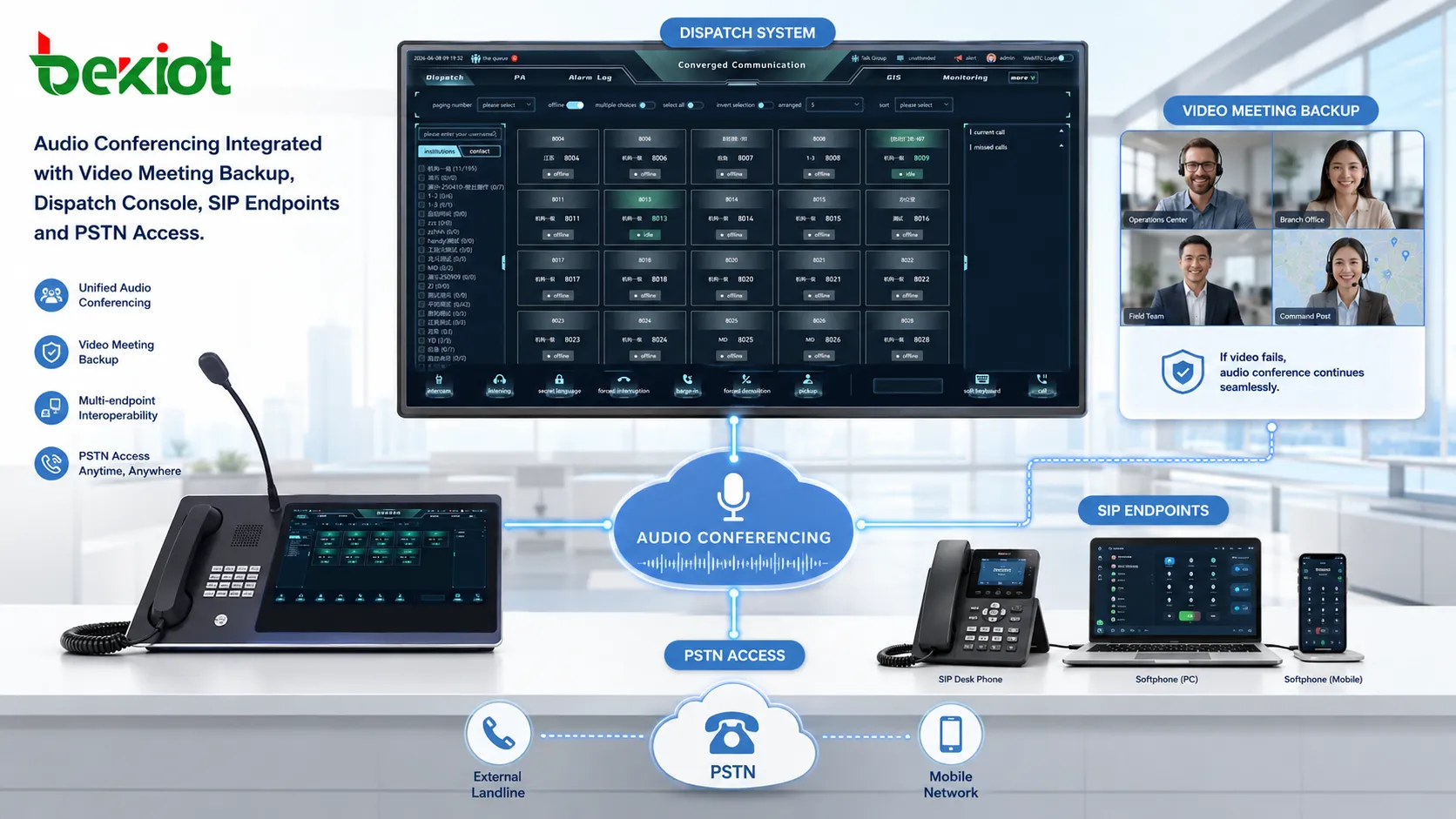 Audiokonferenz integriert mit Video-Backup Dispatch-Konsole SIP-Endpunkten und PSTN-Zugang