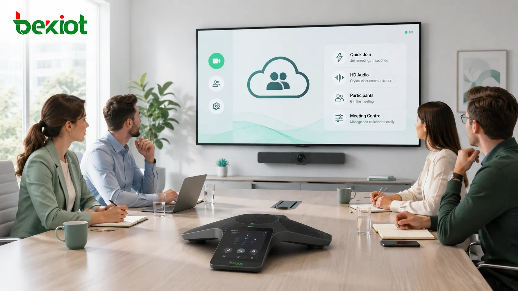 Unternehmensbesprechungsraum mit HD-Audiokonferenzterminal und Cloud-Konferenzsteuerung