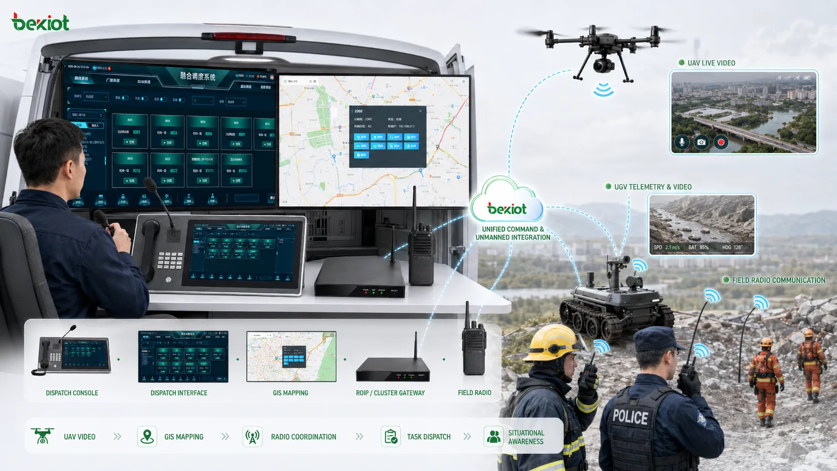 Unbemannte Ausrüstung integriert in Feldführungssystem für UAV Video GIS Funkkoordination und Aufgaben Dispatch