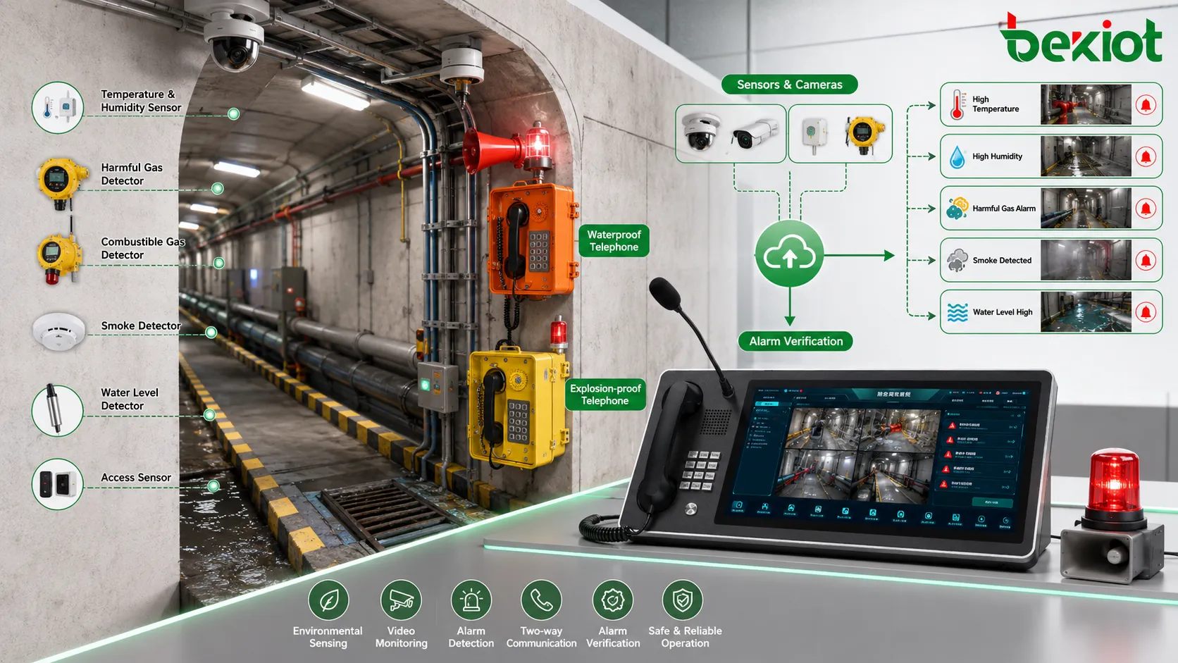 Tunnelsensoren und Videoüberwachung für Temperatur, Feuchtigkeit, schädliches Gas und Alarmüberprüfung