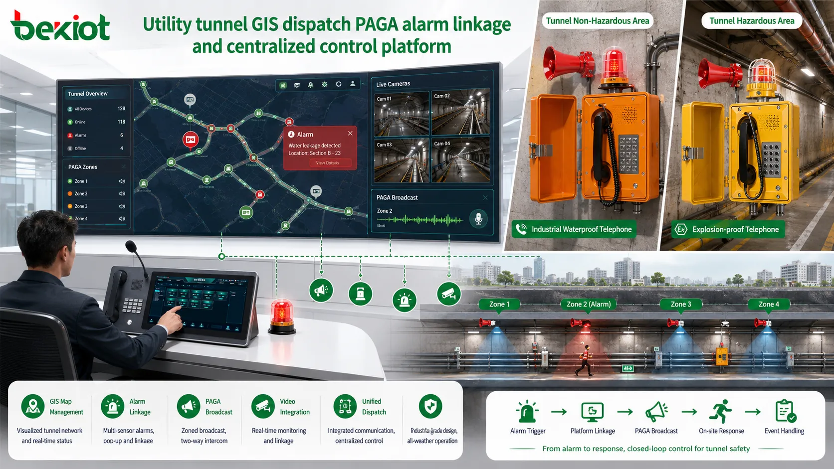 GIS-Einsatzplattform für Versorgungstunnel mit PAGA-Alarmverknüpfung und zentraler Steuerung