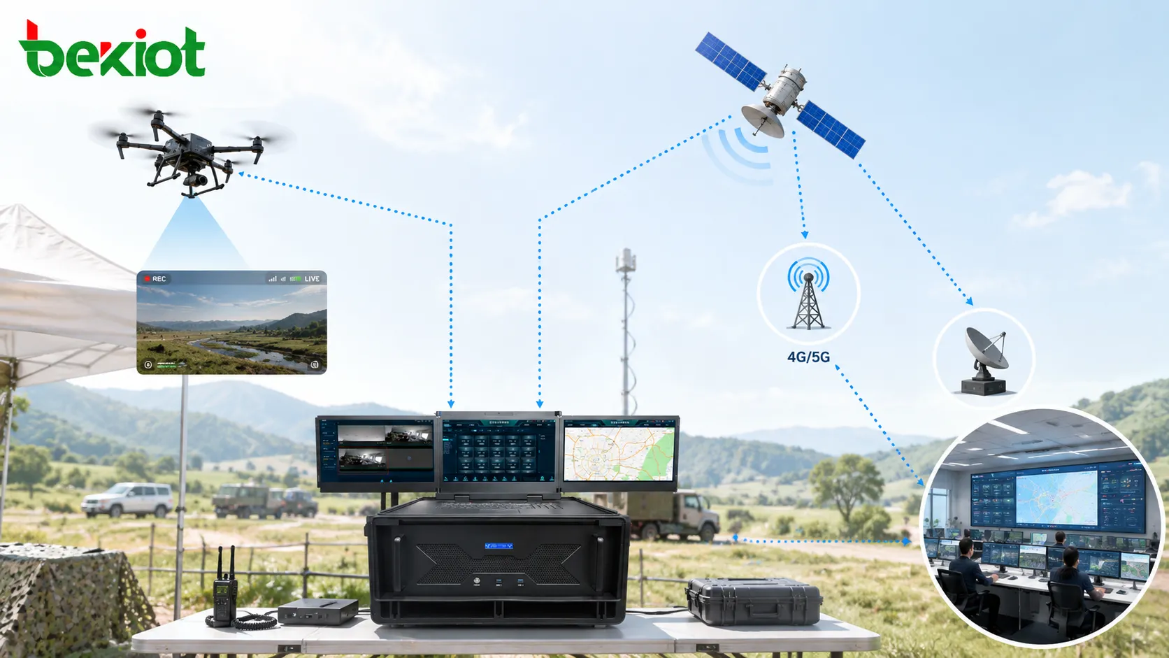 Drohnen-Video-Backhaul über Breitband-Ad-hoc-Netz und Satellit 4G 5G Übertragung