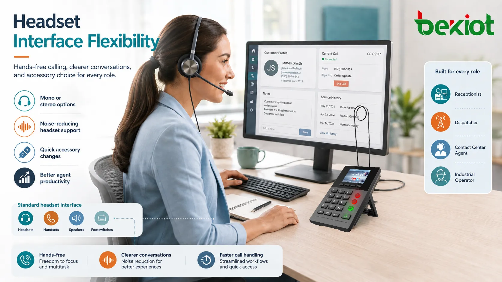Contact-Center-Arbeitsplatz mit Headset-Buchse für Agentenanrufe Kundendaten und freihändiges Arbeiten